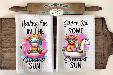 Summer Sun Highland Cow Floating - Sublimation Kitchen Towel Sublimation Ewe-N-Me Designs 