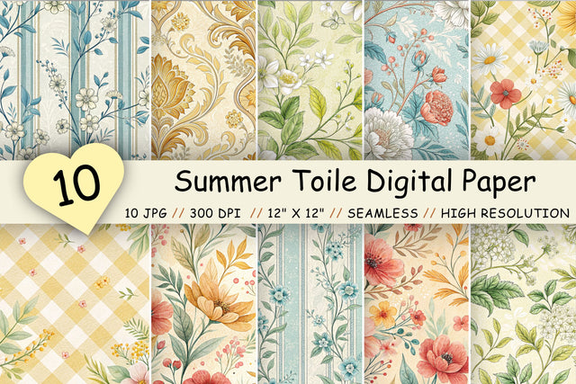 Summer Toile Digital Paper Pack, Vintage Floral Toile, Gingham & Stripe Seamless Patterns, Wedding, Scrapbooking & Printable Crafts Digital Pattern FloridPrintables 