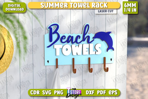 Summer Towel Rack Laser Cut Bundle | Wall Towel Rack | Inscriptions Template | Hanger with Hooks for Beach Towels | CNC Files SVG The T Store Design 