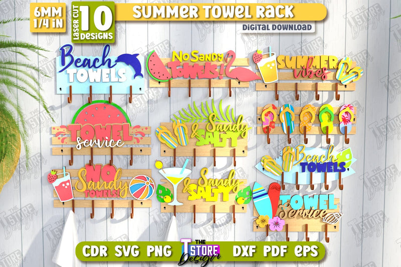 Summer Towel Rack Laser Cut Bundle | Wall Towel Rack | Inscriptions Template | Hanger with Hooks for Beach Towels | CNC Files SVG The T Store Design 