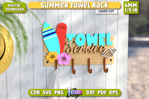 Summer Towel Rack Laser Cut Bundle | Wall Towel Rack | Inscriptions Template | Hanger with Hooks for Beach Towels | CNC Files SVG The T Store Design 
