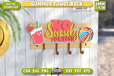 Summer Towel Rack Laser Cut | Wall Towel Rack | Inscriptions Template | Hanger with Hooks for Beach Towels | CNC File SVG The T Store Design 