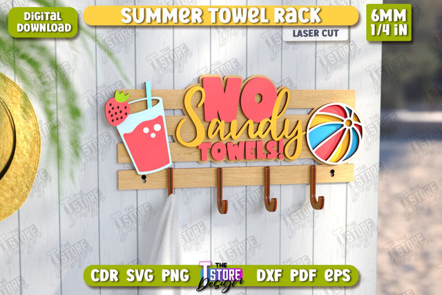 Summer Towel Rack Laser Cut | Wall Towel Rack | Inscriptions Template | Hanger with Hooks for Beach Towels | CNC File SVG The T Store Design 