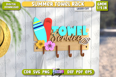 Summer Towel Rack Laser Cut | Wall Towel Rack | Inscriptions Template | Hanger with Hooks for Beach Towels | CNC File SVG The T Store Design 