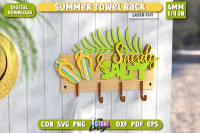 Summer Towel Rack Laser Cut | Wall Towel Rack | Inscriptions Template | Hanger with Hooks for Beach Towels | CNC File SVG The T Store Design 