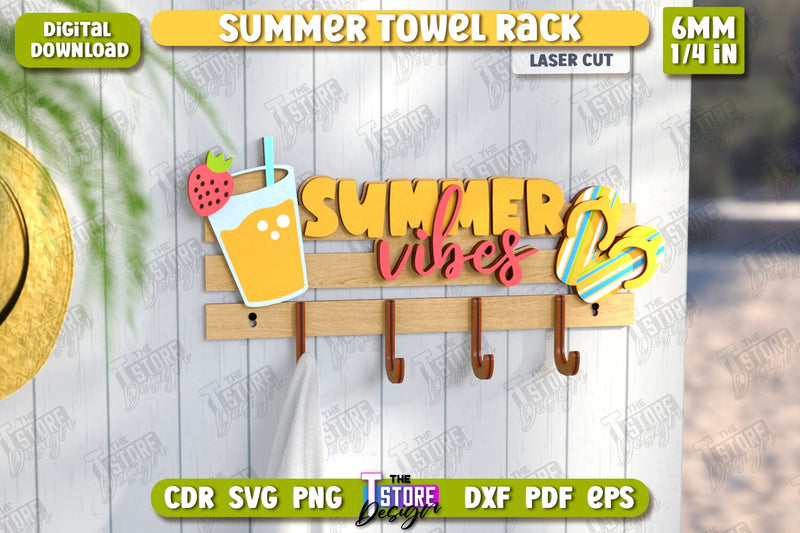 Summer Towel Rack Laser Cut | Wall Towel Rack | Inscriptions Template | Hanger with Hooks for Beach Towels | CNC File SVG The T Store Design 