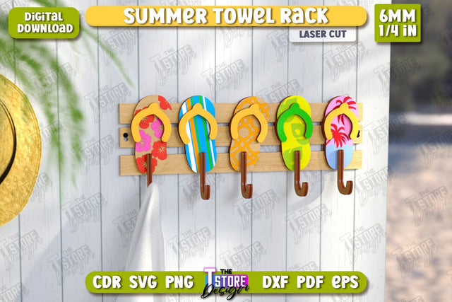 Summer Towel Rack Laser Cut | Wall Towel Rack | Inscriptions Template | Hanger with Hooks for Beach Towels | CNC File SVG The T Store Design 