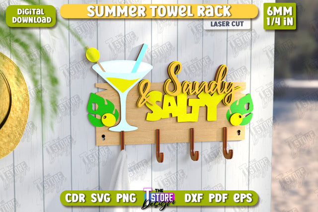 Summer Towel Rack Laser Cut | Wall Towel Rack | Inscriptions Template | Hanger with Hooks for Beach Towels | CNC File SVG The T Store Design 