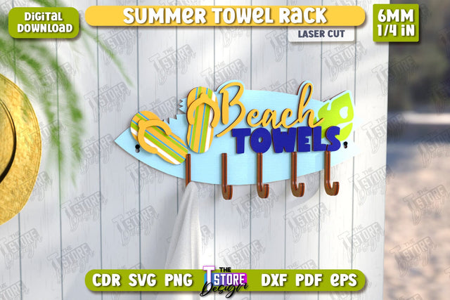 Summer Towel Rack Laser Cut | Wall Towel Rack | Inscriptions Template | Hanger with Hooks for Beach Towels | CNC File SVG The T Store Design 