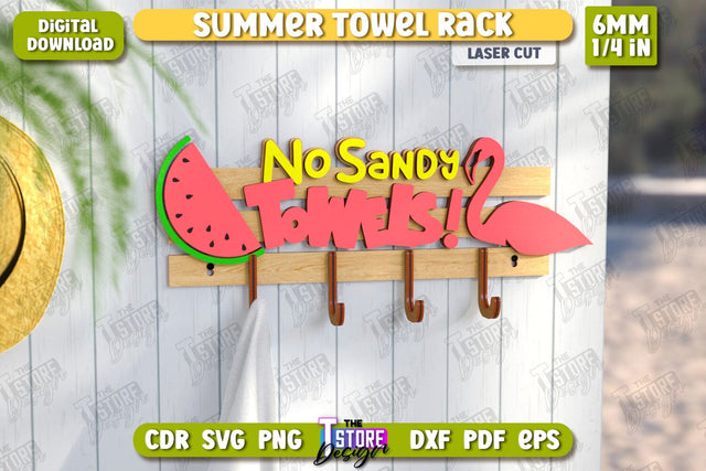 Summer Towel Rack Laser Cut | Wall Towel Rack | Inscriptions Template | Hanger with Hooks for Beach Towels | CNC File SVG The T Store Design 
