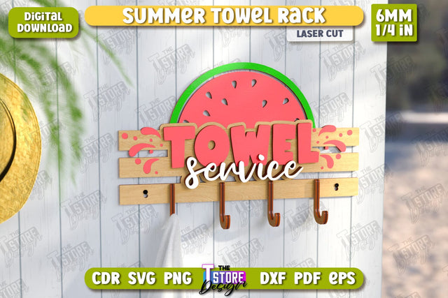 Summer Towel Rack Laser Cut | Wall Towel Rack | Inscriptions Template | Hanger with Hooks for Beach Towels | CNC File SVG The T Store Design 