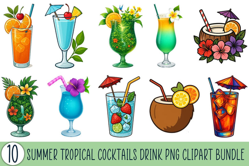 Summer Tropical Cocktails Drink PNG Clipart Bundle Printable File Sublimation Creativedesigntee 