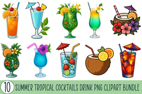 Summer Tropical Cocktails Drink PNG Clipart Bundle Printable File Sublimation Creativedesigntee 