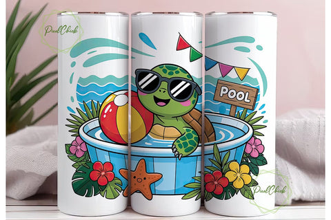 Summer Turtle Pool Party 20oz Tumbler Sublimation PixelChick 