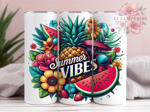 Summer Vibes 20 oz Skinny Tumbler Sublimation Design, Straight & Tapered Tumbler Png, Tropical Flower Tumbler Png, Digital Download PNG Sublimation Li Zamperini 
