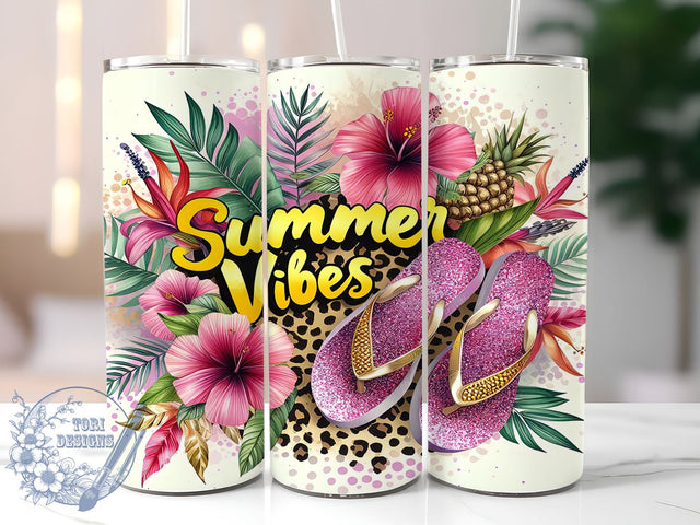 Summer Vibes 20oz Skinny Tumbler, Leopard Floral Tumbler Png, Straight & Tapered Tumbler Wrap, Instant Digital Download Sublimation ToriDesigns 