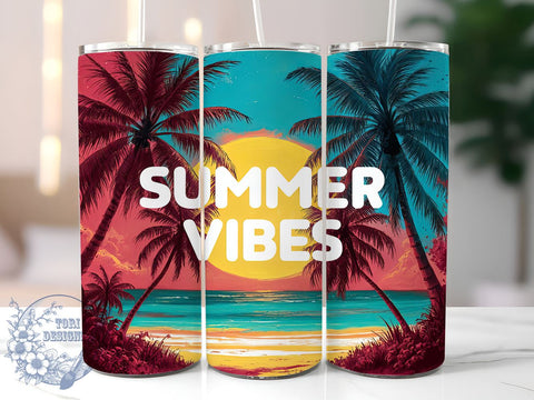 Summer Vibes 20oz Skinny Tumbler, Tropical Sunset Beach Tumbler Png, Straight & Tapered Tumbler Wrap, Instant Digital Download Sublimation ToriDesigns 