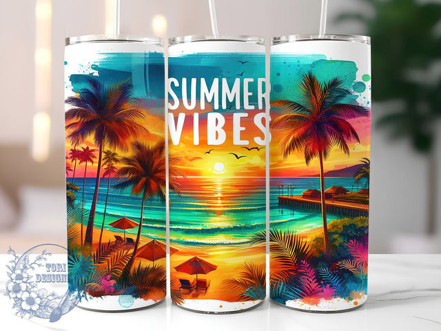 Summer Vibes 20oz Skinny Tumbler, Tropical Sunset Beach Tumbler Png, Straight & Tapered Tumbler Wrap, Instant Digital Download Sublimation ToriDesigns 