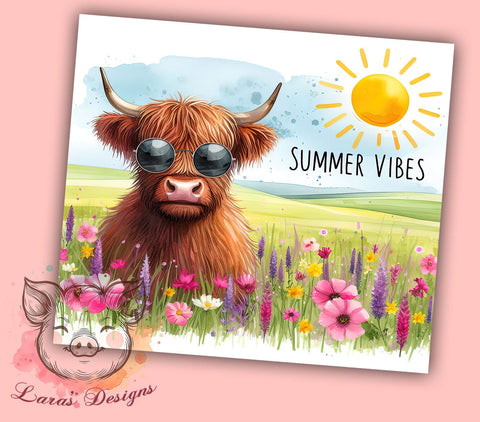 Summer Vibes 20oz Tumbler Png, Straight & Tapered Tumbler Png, Tropical Highland Cow Tumbler Png, Digital Download PNG Sublimation Lara' s Designs 