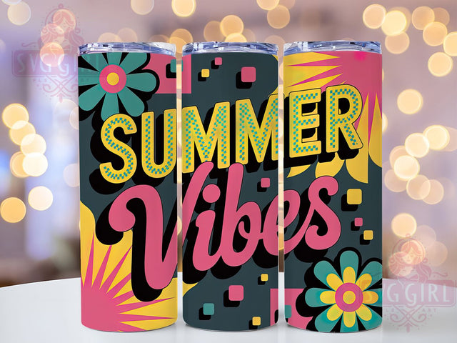 Summer Vibes 20oz Tumbler Wrap, Checkered Summer Design, Vibrant Playful Graphic, Tropical Sublimation Theme, Bright Summer Wrap, 20oz Tumbler Design, PNG Tumbler Wrap Sublimation SvggirlplusArt 