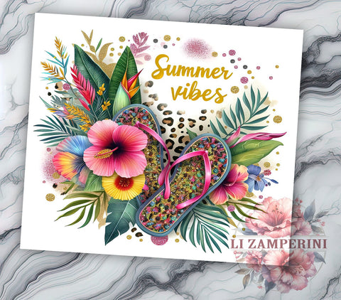 Summer Vibes 20oz Tumbler Wrap PNG, Flip Flop Leopard Floral Summer Tumbler Png, Straight & Tapered Tumbler Wrap, Instant Digital Download Sublimation Li Zamperini 