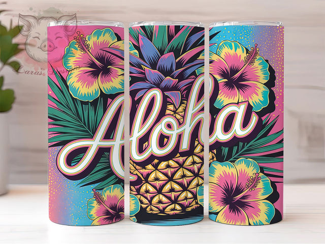 Summer Vibes Aloha Script 20oz Tumbler Wrap, Aloha Script, Neon Pink, Flowing Cursive, Tropical Theme, 20oz Tumbler Wrap, Sublimation PNG Sublimation Lara' s Designs 