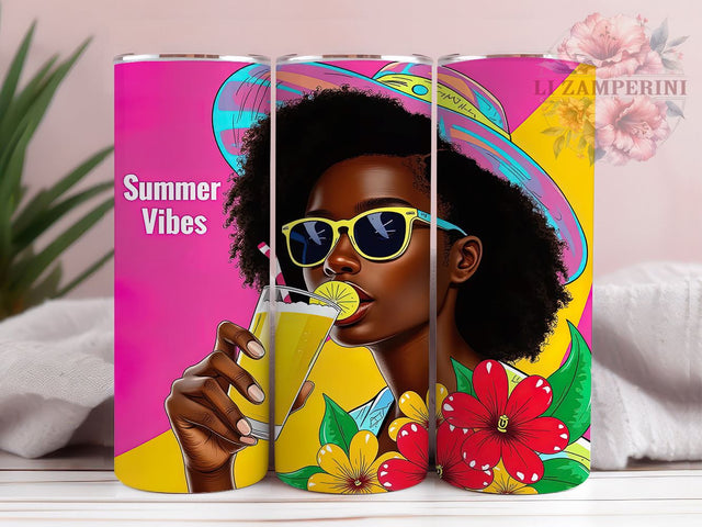 Summer Vibes Black Woman 20 oz Skinny Tumbler Sublimation Design, Straight & Tapered Tumbler Png, Summer Black Girl Tumbler Png, Digital Download PNG Sublimation Li Zamperini 