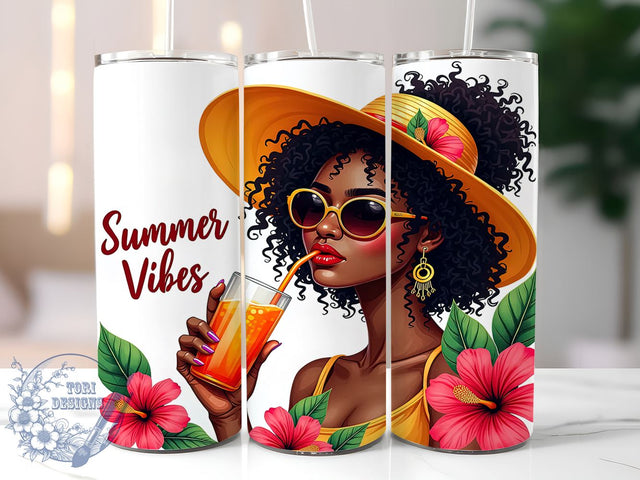 Summer Vibes Black Woman 20oz Skinny Tumbler PNG, Summer Black Girl Tumbler Sublimation Wrap, Straight & Tapered Tumbler Wrap, Instant Digital Download Sublimation ToriDesigns 