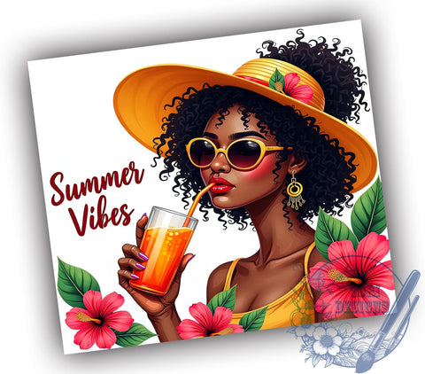 Summer Vibes Black Woman 20oz Skinny Tumbler PNG, Summer Black Girl Tumbler Sublimation Wrap, Straight & Tapered Tumbler Wrap, Instant Digital Download Sublimation ToriDesigns 