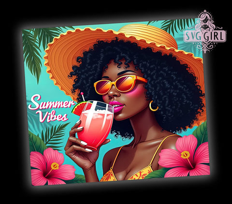 Summer Vibes Black Woman 20oz Tumbler Wrap Sublimation Design, Straight Tapered Tumbler Wrap, Summer Black Girl Tumbler Png, Instant Digital Download Sublimation SvggirlplusArt 