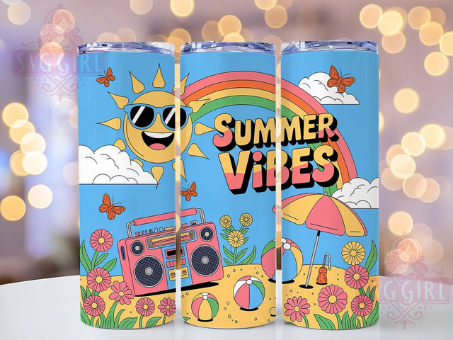 Summer Vibes Design 20oz Tumbler, Cheerful Scene Illustration, Bright Tropical Energy Design, Sublimation Tumbler Wrap, 20oz Tumbler, Fun Summer Gift, Vibrant Coastal Style Sublimation SvggirlplusArt 