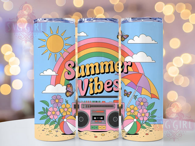 Summer Vibes Design 20oz Tumbler, Cheerful Scene Illustration, Bright Tropical Energy Design, Sublimation Tumbler Wrap, 20oz Tumbler, Fun Summer Gift, Vibrant Coastal Style Sublimation SvggirlplusArt 