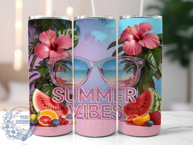 Summer Vibes Flip Flops Tumbler, Flip Flops Wrap, Tropical Flowers Pattern, Sublimation Cup, 20oz Skinny Tumbler, Beach Drinkware, Vacation Style Sublimation ToriDesigns 