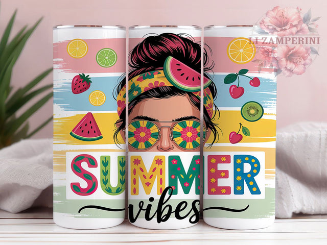 Summer Vibes Fruit Bun 20oz Tumbler, Summer Vibes, Fruit Motif, Messy Bun, Playful Style, Bright Colors, Skinny Tumbler, Sublimation PNG Sublimation Li Zamperini 