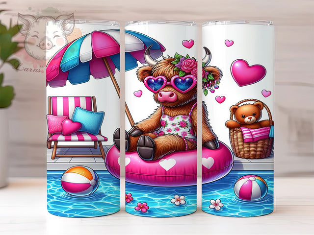 Summer Vibes Highland Cow 20oz Tumbler Wrap, Highland Cow, Swimming Pool, Relaxing Design, Cow Art, 20oz Tumbler Wrap, Sublimation PNG Sublimation Lara' s Designs 