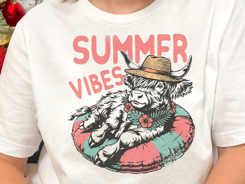 Summer Vibes Highland Cow PNG, Retro Beach Cow Sublimation Design SVG DesignDestine 
