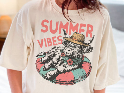Summer Vibes Highland Cow PNG, Retro Beach Cow Sublimation Design SVG DesignDestine 
