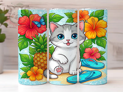 Summer Vibes Kitten 20oz Tumbler Wrap, White Gray Kitten, Bright Blue Eyes, Pink Tongue, Cute Cat Art, 20oz Tumbler Wrap, Sublimation PNG Sublimation Lara' s Designs 