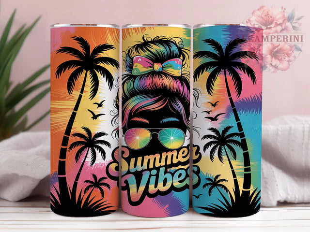 Summer Vibes Messy Bun Beach Girl Tumbler, Messy Bun Tumbler Wrap, 20oz Skinny Tumbler Design, Beach Girl Sublimation, Sunglasses Hair Wrap Tumbler, Cute Summer Tumbler Sublimation Li Zamperini 