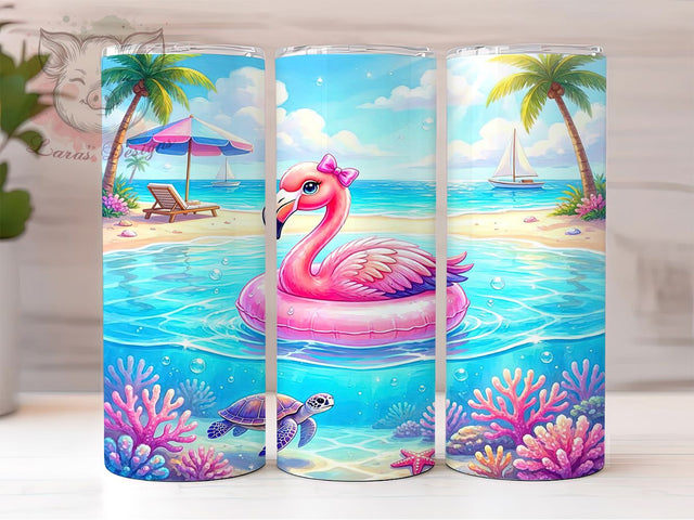 Summer Vibes Pink Flamingo 20oz Tumbler Wrap, Pink Flamingo, Inflatable Tube, Tropical Beach, Beach Theme, 20oz Tumbler Wrap, Sublimation PNG Sublimation Lara' s Designs 