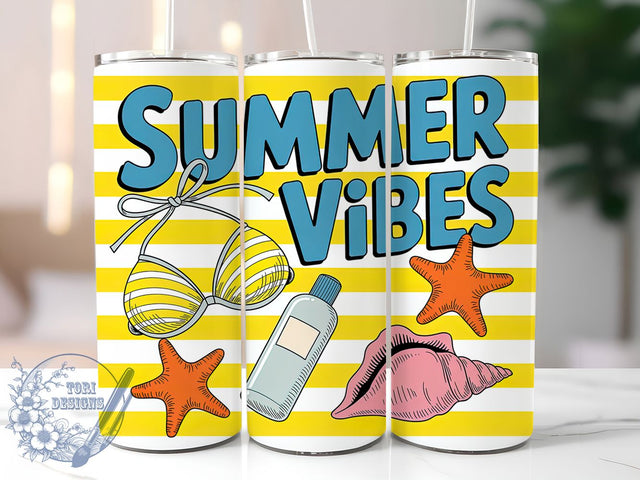 Summer Vibes Quote 20oz Tumbler, Summer Vibes Quote, Bright Yellow and Bold Blue Palette, Tropical Sublimation Design, Vintage Summer Vibes, Ocean Theme Wrap, 20oz Tumbler Wrap, Sublimation Design PNG Sublimation ToriDesigns 