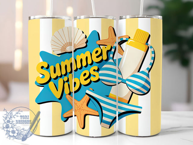Summer Vibes Quote 20oz Tumbler, Summer Vibes Quote, Bright Yellow and Bold Blue Palette, Tropical Sublimation Design, Vintage Summer Vibes, Ocean Theme Wrap, 20oz Tumbler Wrap, Sublimation Design PNG Sublimation ToriDesigns 