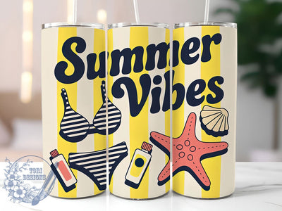 Summer Vibes Quote 20oz Tumbler, Summer Vibes Quote, Bright Yellow and Bold Blue Palette, Tropical Sublimation Design, Vintage Summer Vibes, Ocean Theme Wrap, 20oz Tumbler Wrap, Sublimation Design PNG Sublimation ToriDesigns 