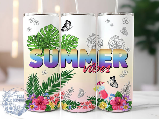 Summer Vibes Tropical 20oz Tumbler Wrap, Summer Vibes, Tropical Theme, Beach Style, Palm Motif, Vibrant Charm, Skinny Tumbler, Sublimation PNG Sublimation ToriDesigns 