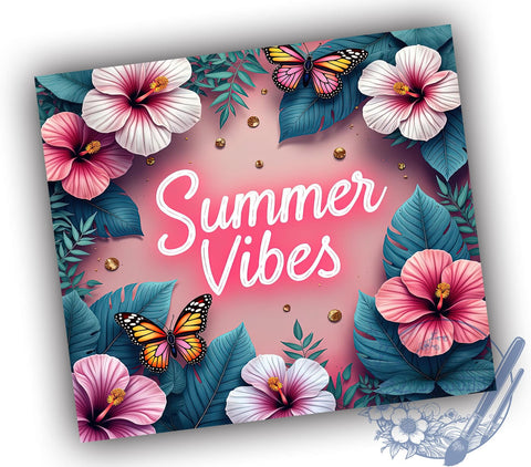 Summer Vibes Tropical Hibiscus Tumbler Wrap, Hibiscus Flower Tumbler, Tropical Flowers Drinkware, 20oz Tumbler Wrap, Sublimation Mug, Beach Decor, Vacation Gift Sublimation ToriDesigns 