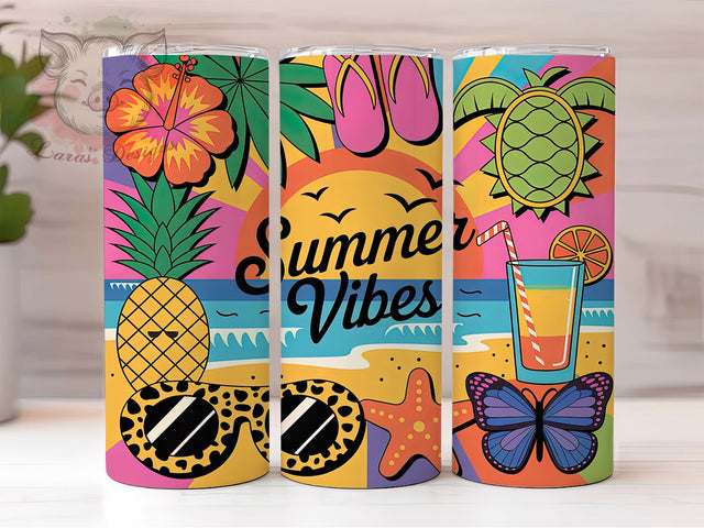 Summer Vibes Tropical Sunset 20oz Tumbler, Tropical Beach, Sunset Design, Seamless Pattern, Vacation Theme, 20oz Tumbler Wrap, Sublimation PNG Sublimation Lara' s Designs 