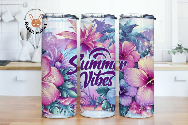 Summer Vibes Tumbler Wrap 20oz Skinny Sublimation Tumbler Design, Summer Tumbler Wrap, Tropical Hibiscus Tumbler Png, Digital Download Sublimation Rabbitmakies 