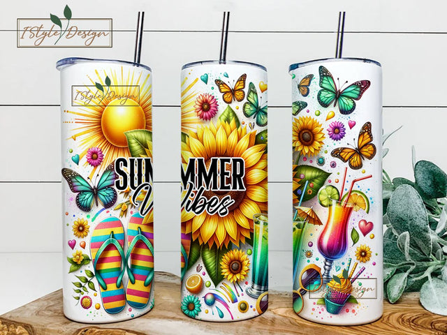 Summer Vibes Tumbler Wrap, 20oz Skinny Sublimation Tumbler Design, Watercolor Summer Sublimation Design Sublimation iStyleDesign 