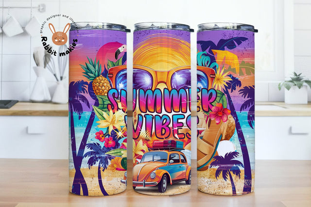 Summer Vibes Tumbler Wrap, Beach Tumbler, SummerTime, Summer PNG, Palm Trees Tropical Design, 20 oz Skinny Tumbler Sublimation Design Sublimation Rabbitmakies 