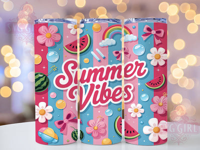 Summer Vibes Watermelon 20oz Tumbler, Watermelon Floral, Bold Cursive, Bright Pink Text, Drop Shadow, Skinny Tumbler, Sublimation PNG Sublimation SvggirlplusArt 
